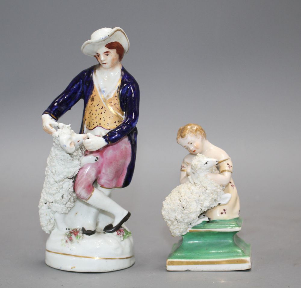 Two Staffordshire groups of a girl and a sheep and a shepherd with a ram, c.1840-50, H. 10 - 16.2cm